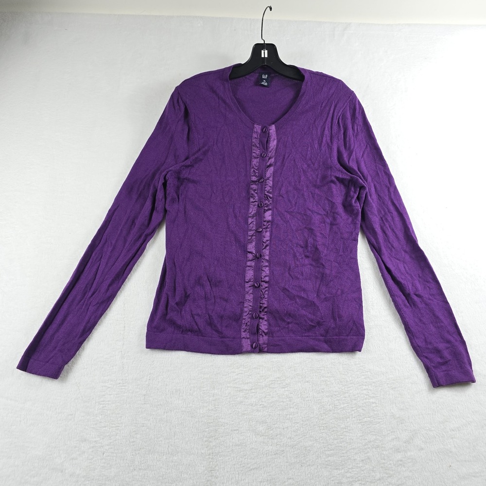Gap Vintage Cashmere Wool Blend Cardigan Sweater Purple XL Y2K Satin Trim